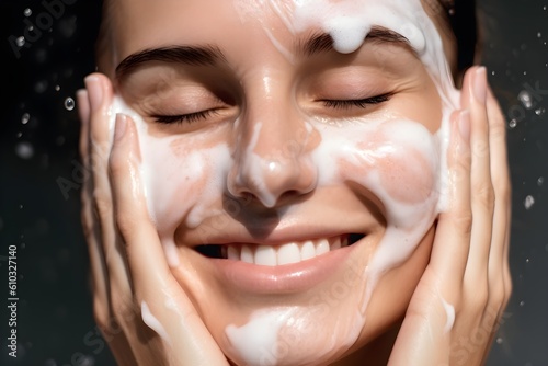 Closeup portrait of young woman cleanses the skin with foam on her face in bathroom photo