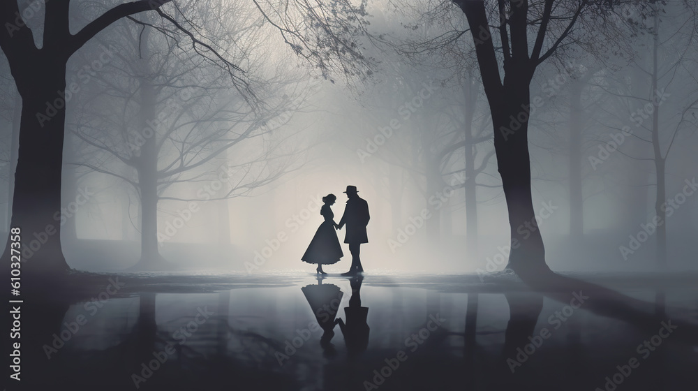 Silhouette of a couple holding hands in the misty forest digital painting. It represents soul, ghost, etheral, ominous, sadness, dead or any tragedy situation. Digital illustration generative AI.