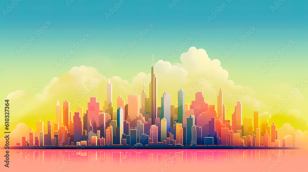 City skyline vector art on sunny day. Minimal colorful digital painting. Digital illustration generative AI.