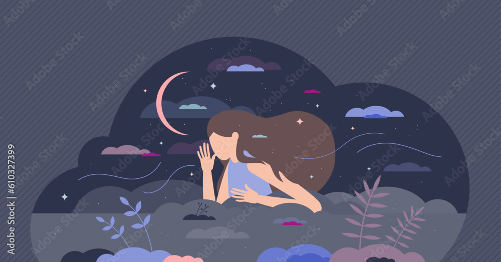 Insomnia problem with sleepless night from frustration tiny person concept. Medical sleepless condition and restless issues because of stress, emotional anxiety or bad habit factor vector illustration - obrazy, fototapety, plakaty 