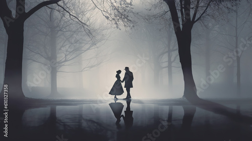 Silhouette of a couple holding hands in the misty forest digital painting. It represents soul, ghost, etheral, ominous, sadness, dead or any tragedy situation. Digital illustration generative AI.