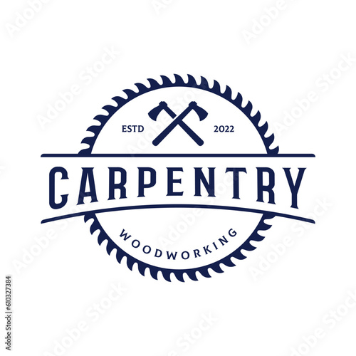 Wood saw premium logo template design with vintage carpentry tools.Logo for business, carpentry, lumberjack, label, badge.