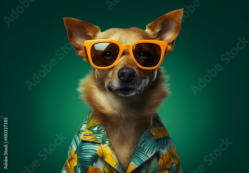 Funny dog in sunglasses and summer shirt isolated on dark green background