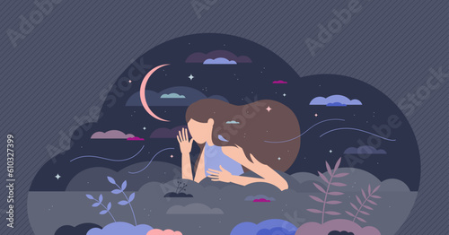 Insomnia problem with sleepless night from frustration tiny person concept. Medical sleepless condition and restless issues because of stress, emotional anxiety or bad habit factor vector illustration
