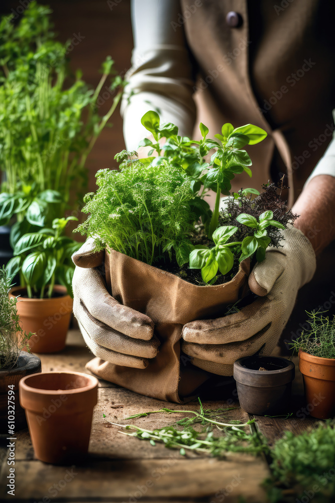 The gardener held a young plant wrapped in a cloth bag in his hand. The gardener held a young plant wrapped in a cloth bag in his hand.