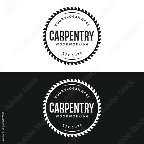 Wood saw premium logo template design with vintage carpentry tools.Logo for business, carpentry, lumberjack, label, badge.