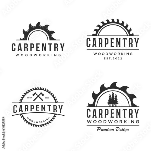 Wood saw premium logo template design with vintage carpentry tools.Logo for business, carpentry, lumberjack, label, badge.