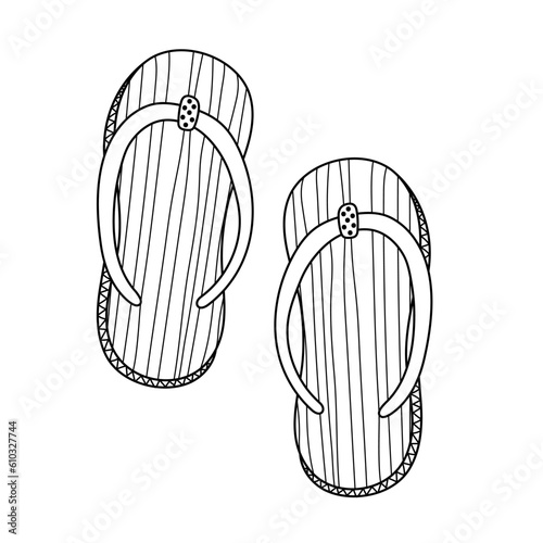Doodle flip flop shoes in outline. Pair of summer slippers coloring page. Hand drawn shoes logo. Vector illustration