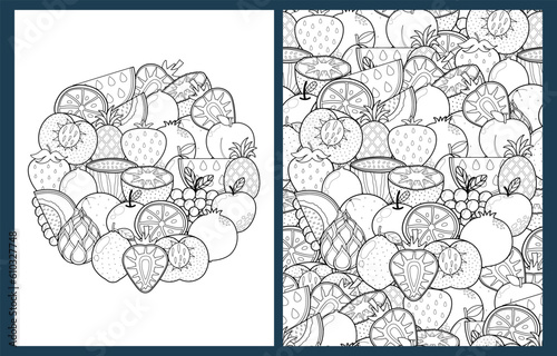 Doodle fruits coloring pages set in US Letter format. Black and white healthy food background templates for coloring book. Vector illustration