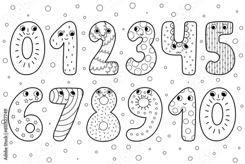 Cute black and white numbers for kids. Outline collection of happy numbers in cartoon style. Educational clipart set for coloring pages. Vector illustration