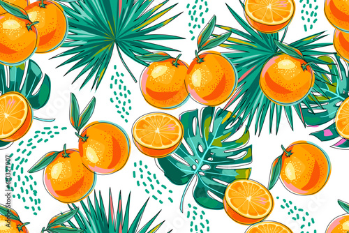 Oranges fruits, monstera leaves and palm trees seamless pattern. Summer background with fruits and leaves on white. Bright tropical print. Whole fruits and halves. Cartoon. Vector illustration