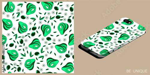 Modern smartphone in unique case decorated Avocado cutting fruit seamless pattern with leaves and flowers. Isometric top view. Vector