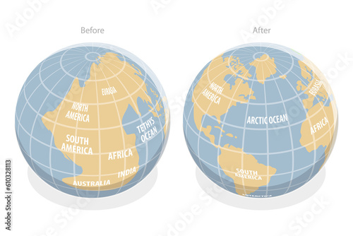 3D Isometric Flat  Conceptual Illustration of Continental Drift photo