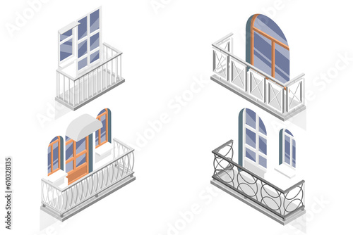 3D Isometric Flat Set of Balconies
