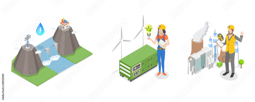 3D Isometric Flat  Conceptual Illustration of Sustainable Energy Source