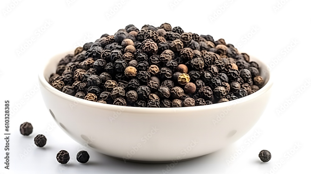 Black pepper in white bowl isolated on white background. Close up.