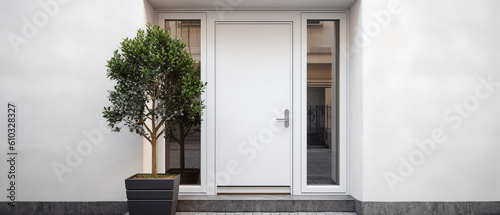 Mockup with white facade of a modern house with front door, potted flowers.entrance home exterior. patio, backyard in a modern house. doorway. Minimalism. Generative ai