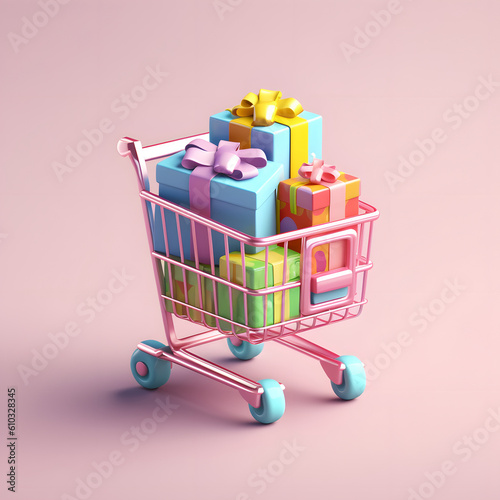 Shopping cart and gift box background 3D rendering