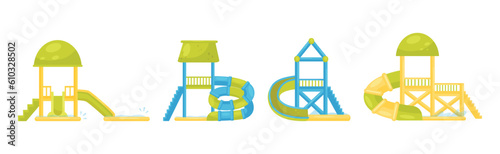Aqua Park Slides and Enjoying Attraction Vector Set