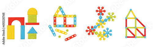 Colorful Children Constructor Toy and Plastic Puzzle Game Elements Vector Set