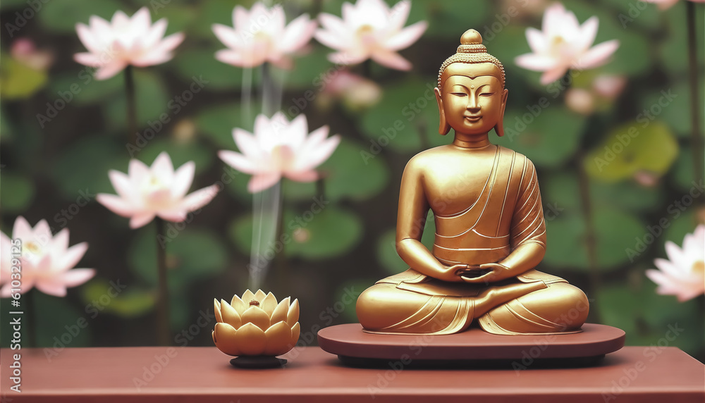 golden buddha statue on a wooden table, smoke of incense, lotus flowers background. 3d rendering, copy space. Generative ai golden buddha statue on a wooden table, smoke of incense, lotus flowers background. 3d rendering, copy space. Generative ai