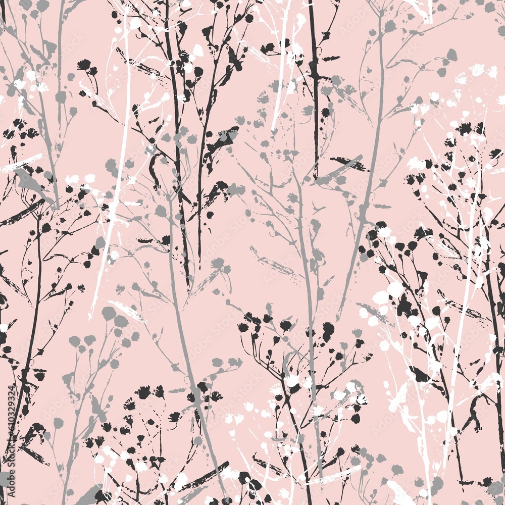 Grassy seamless pattern on a pink background. White gray and black silhouettes of wild flowering grasses. Design for fabric, packaging, cover.