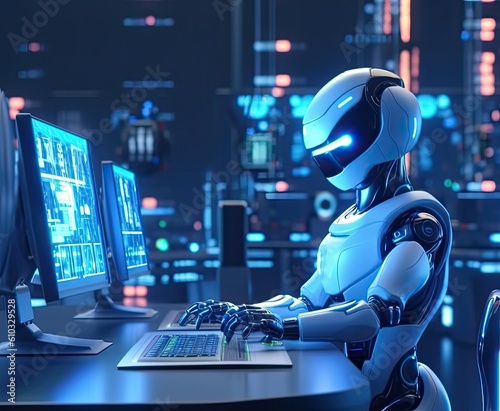 Robotics using multiple computers working and monitor data in liveing modern room , Generative Ai