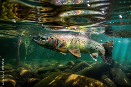 Rainbow trout swims in the clear water of the river. Underwater photo. Photorealistic illustration generative AI.