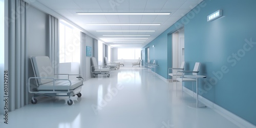 Blurred interior of hospital - abstract medical background. Generative AI © Jing