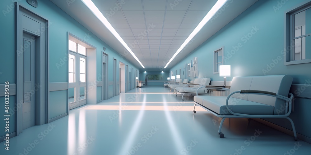 Blurred interior of hospital - abstract medical background. Generative AI