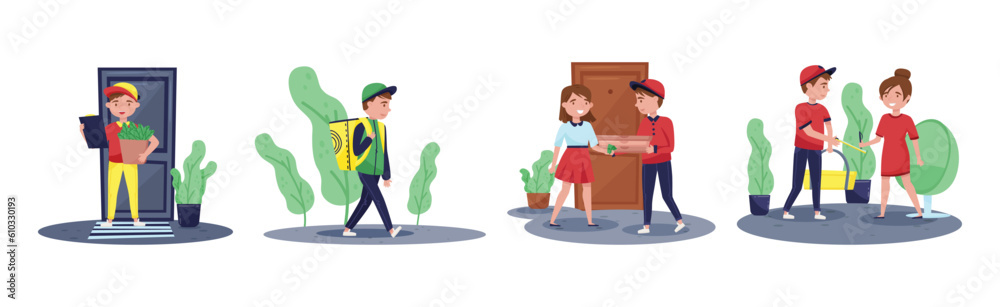 Food Delivery Service with Man Courier and Woman Customer Vector Set