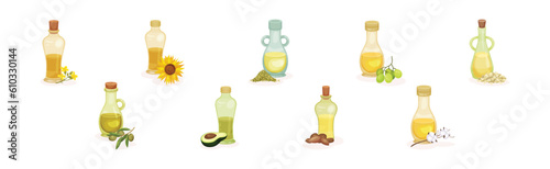 Organic Herbal Oil Poured in Glass Corked Jars Vector Set
