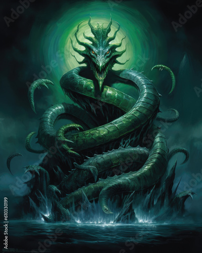 The naga rears up from a pool of silver moonlight its emerald green scales shining Fantasy art concept. AI generation