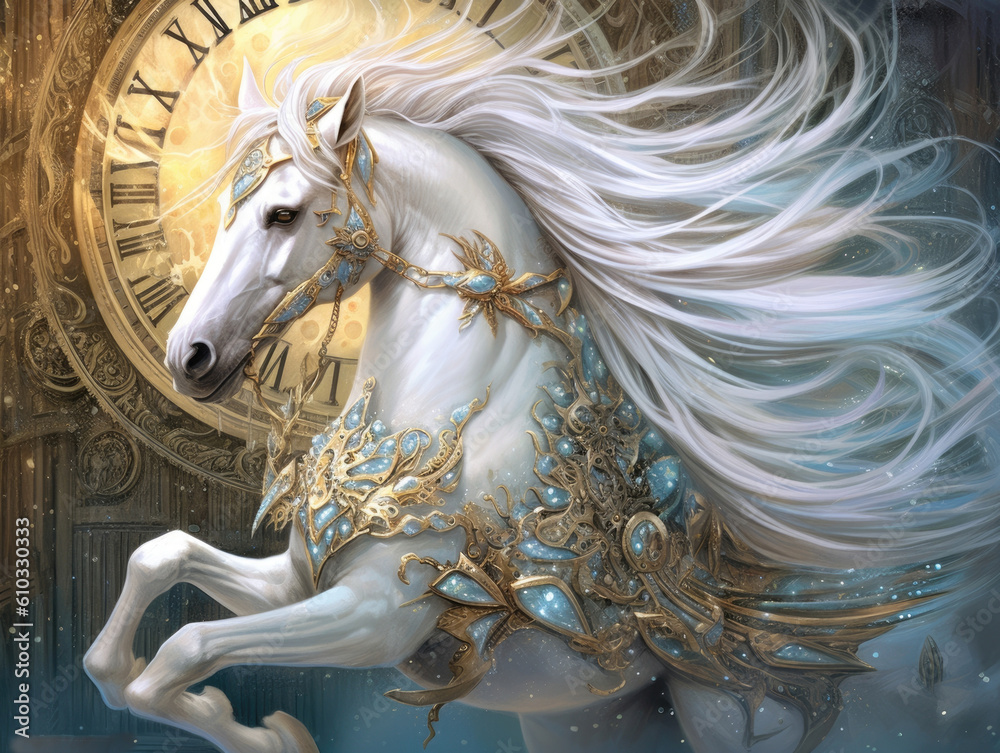 A majestic creature with a graceful mane and a graceful body surrounded by a halo Fantasy art concept. AI generation