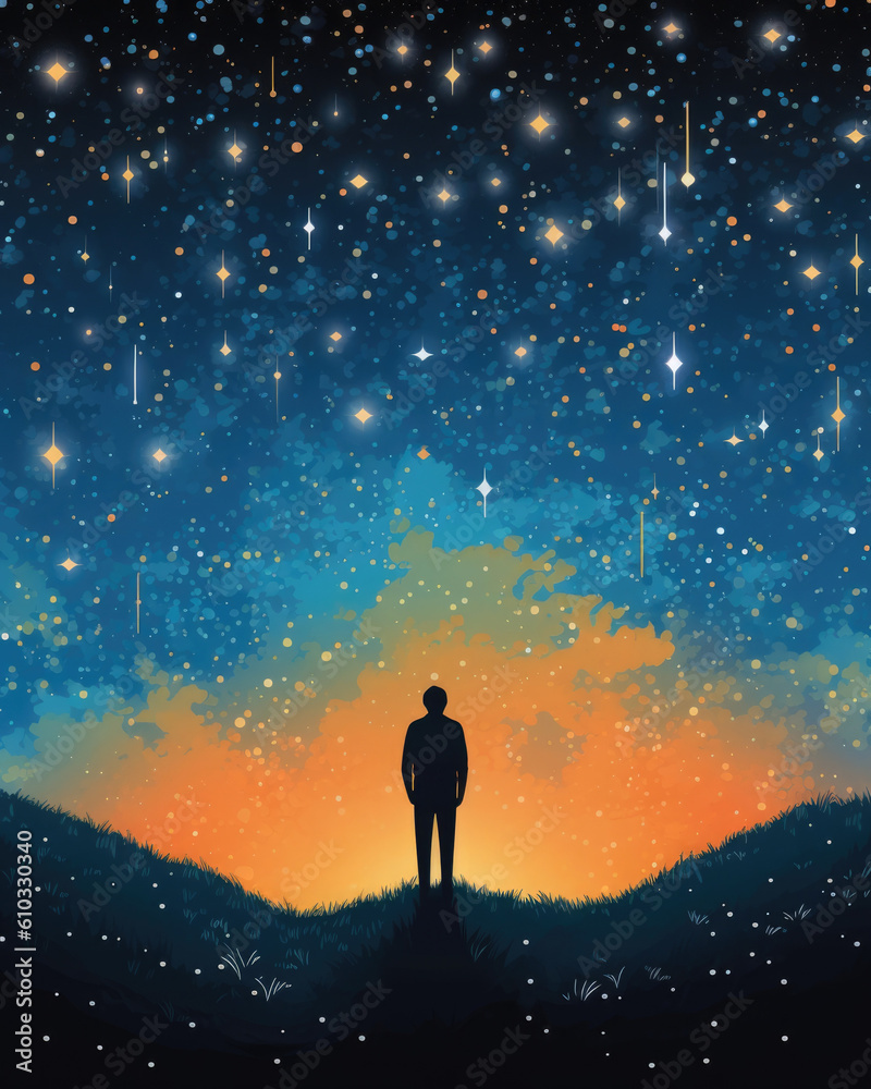 A person standing in a field of stars signifying the infinite possibilities of a passionate life. Psychology art concept. AI generation