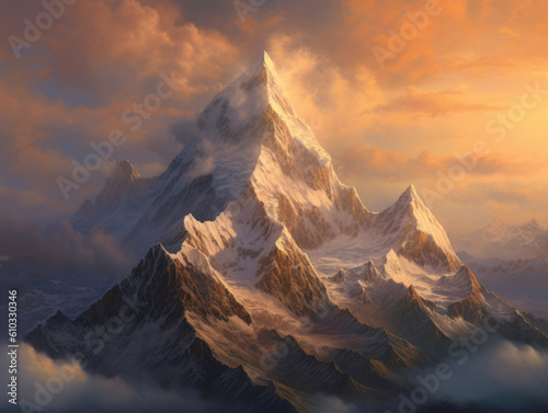 An immense mountain range reaching as far as the eye can see its jagged peaks blanketed Fantasy art concept. AI generation
