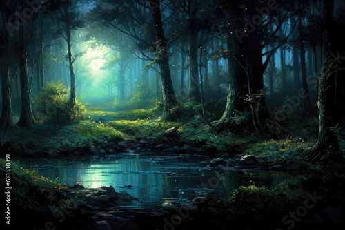 A quiet stillness pervades the mystical forest its tranquility punctured only by the Fantasy art concept. AI generation