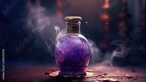 An ethereal glass vial with a hint of smoky color filled with a velvety purple potion Fantasy art concept. AI generation