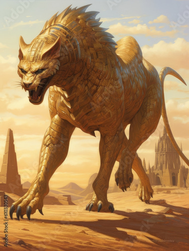 A powerful sphinx strides across the desert sands its golden scales gleaming in the Fantasy art concept. AI generation