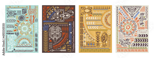 Ethnic backgrounds set with Aztec symbols, elements, abstract patterns, ancient mexican ornaments. Hand-drawn interior posters, cards, wall art in boho style. Flat graphic vector illustrations photo