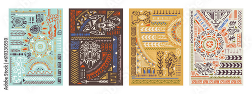 Ethnic backgrounds set with Aztec symbols, elements, abstract patterns, ancient mexican ornaments. Hand-drawn interior posters, cards, wall art in boho style. Flat graphic vector illustrations