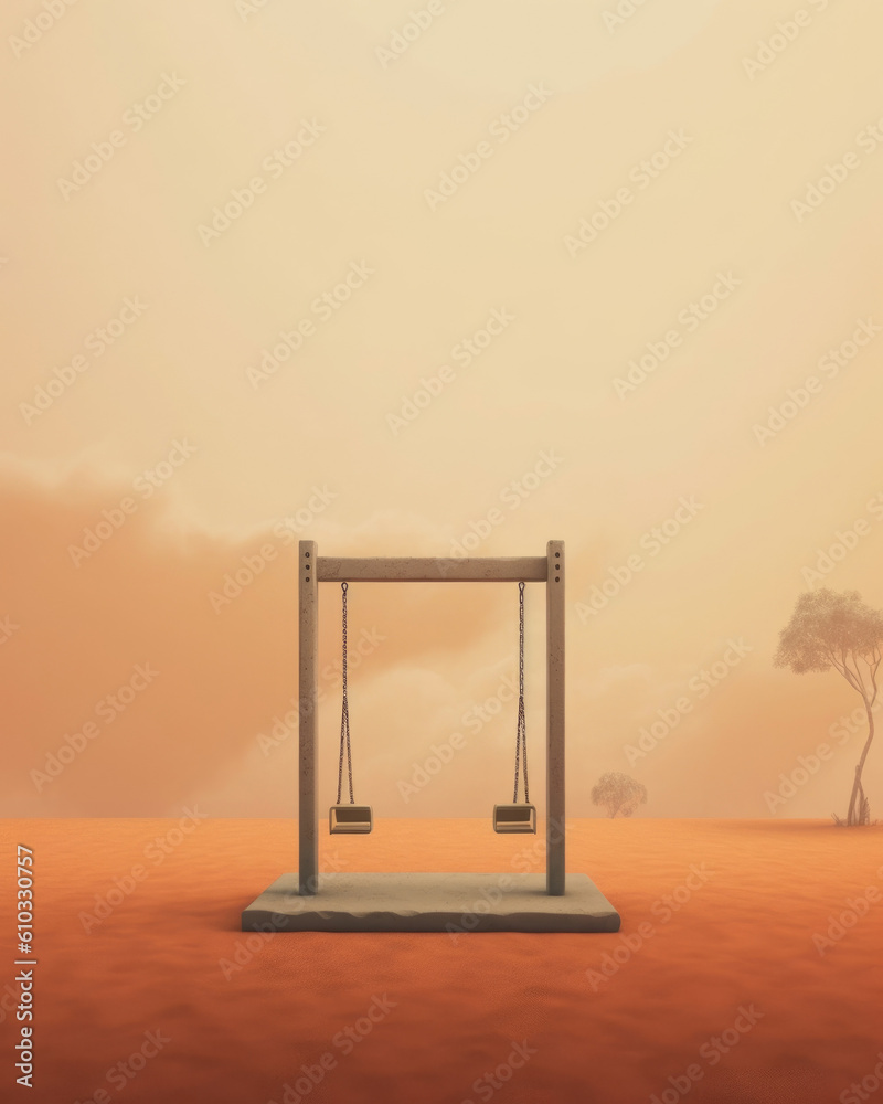 An empty swing set with no one sitting on it representing loneliness and isolation. Psychology art concept. AI generation