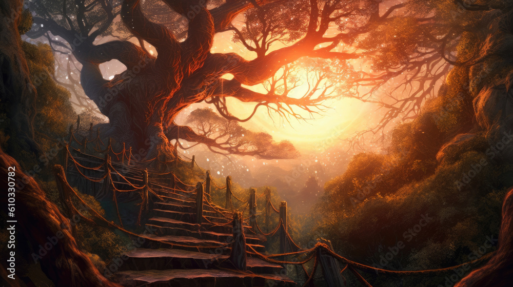 Tall ancient trees reaching up towards the stars gnarled roots creating ...