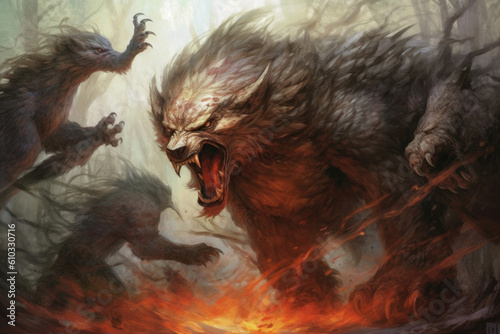A massive powerful creature with the heads of a wolf a lion and an eagle roars and Fantasy art concept. AI generation