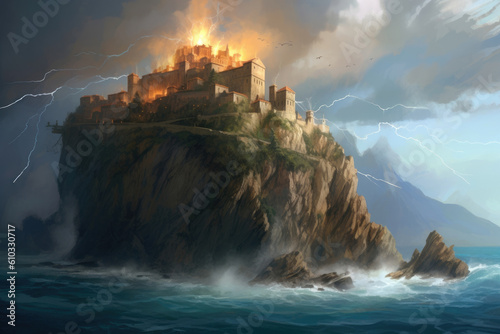 On the horizon a will heartshaped island embraces a turbulent sea lightning flashes Fantasy art concept. AI generation