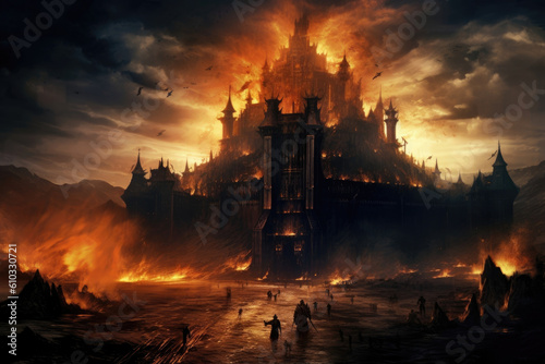 An ominous castle its walls threateningly towering over a scorched and blackened landscape Fantasy art concept. AI generation