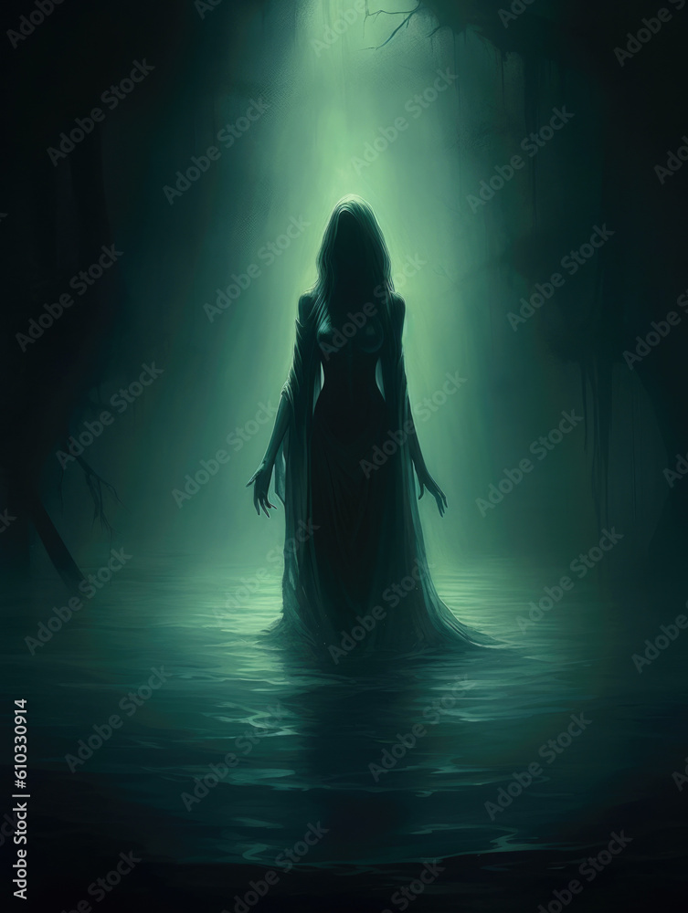 A sinister figure rises from the misty depths of a deep dark lake her hair and robes Fantasy art concept. AI generation