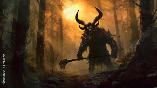 A minotaur lumbers through a dark and ominous forest giant horns visible against the Fantasy art concept. AI generation