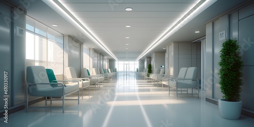 Blurred interior of hospital - abstract medical background. Generative AI