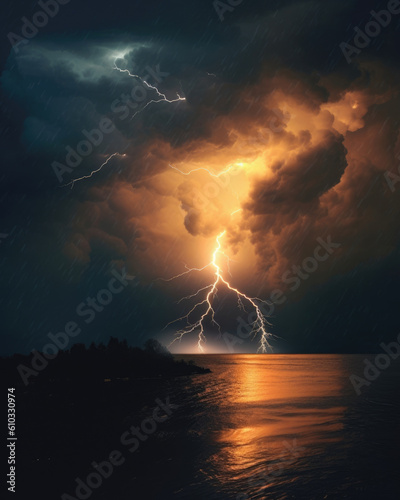 A dark and stormy night illuminated by a single lightning bolt Fantasy art concept. AI generation